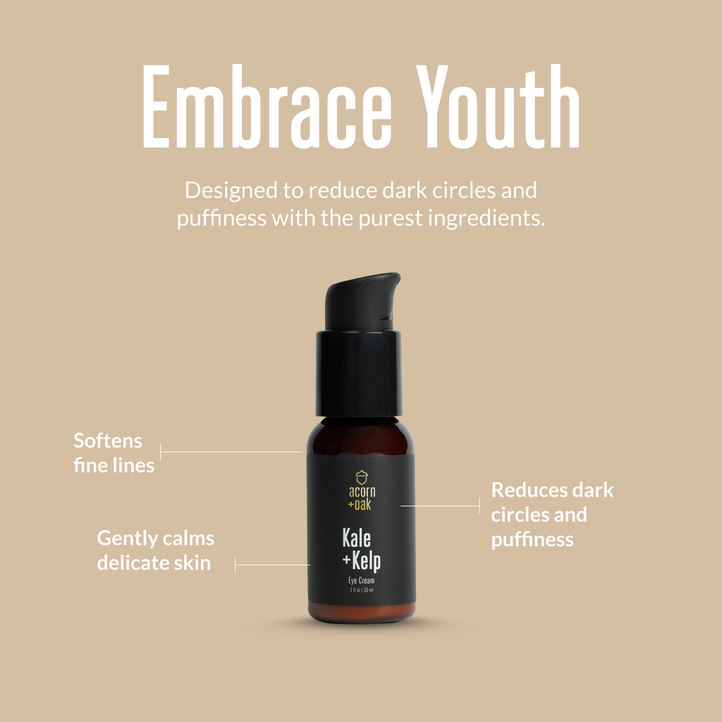 acorn+oak eye cream in a bottle with text on a beige background