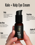 acorn+oak eye cream bottle held in hand with product details on a beige background
