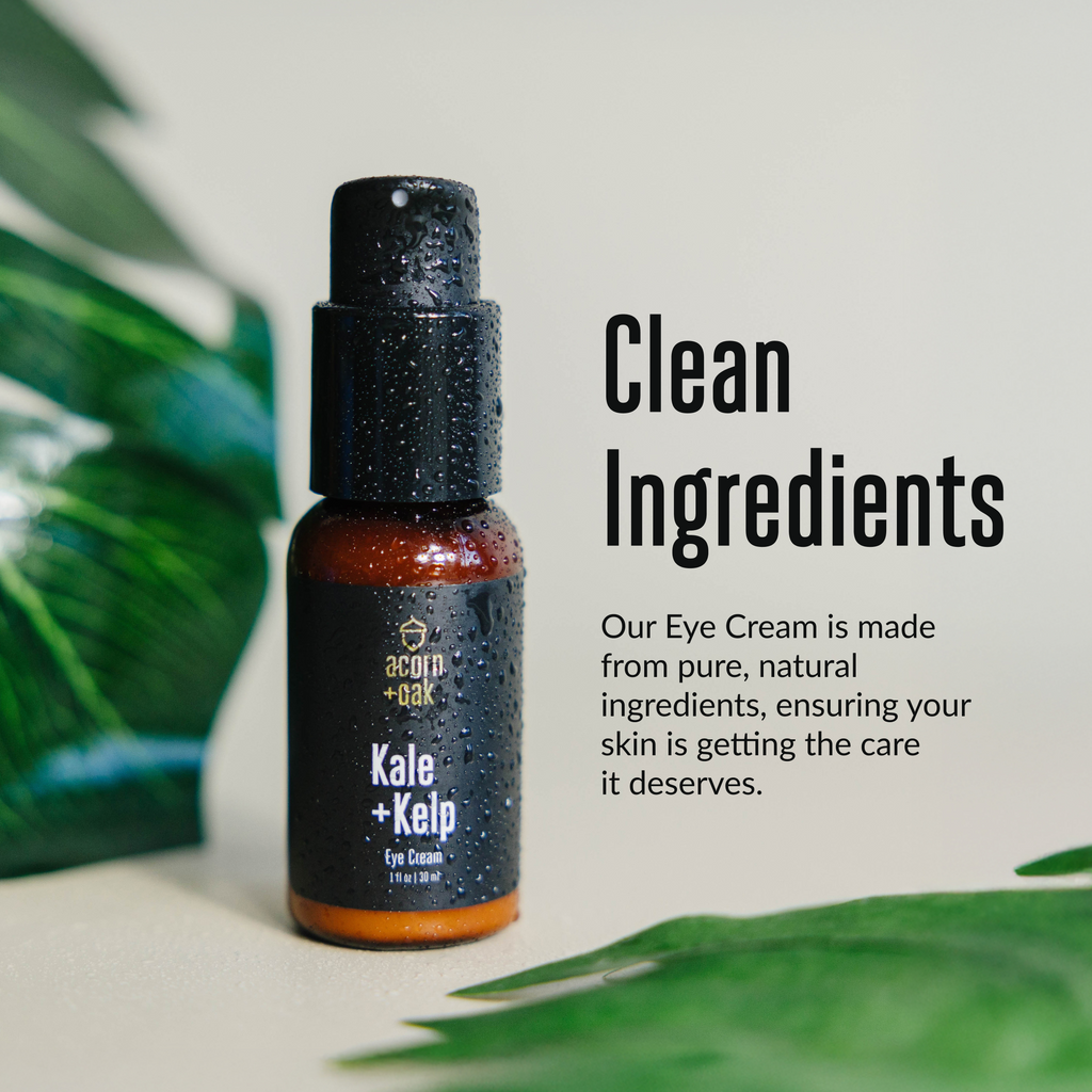 acorn+oak eye cream bottle with green leaves in the background and text about clean ingredients.
