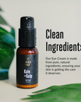 acorn+oak eye cream bottle with green leaves in the background and text about clean ingredients.