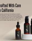 Three acorn+oak skincare bottles with black labels on a beige background, featuring text about product formulation.