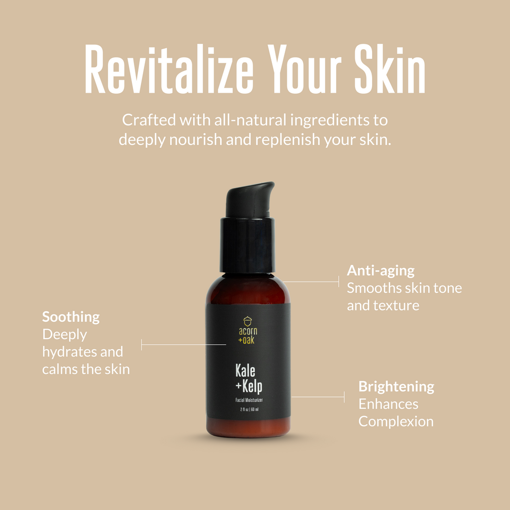 acorn+oak facial moisturizer with text on a beige background