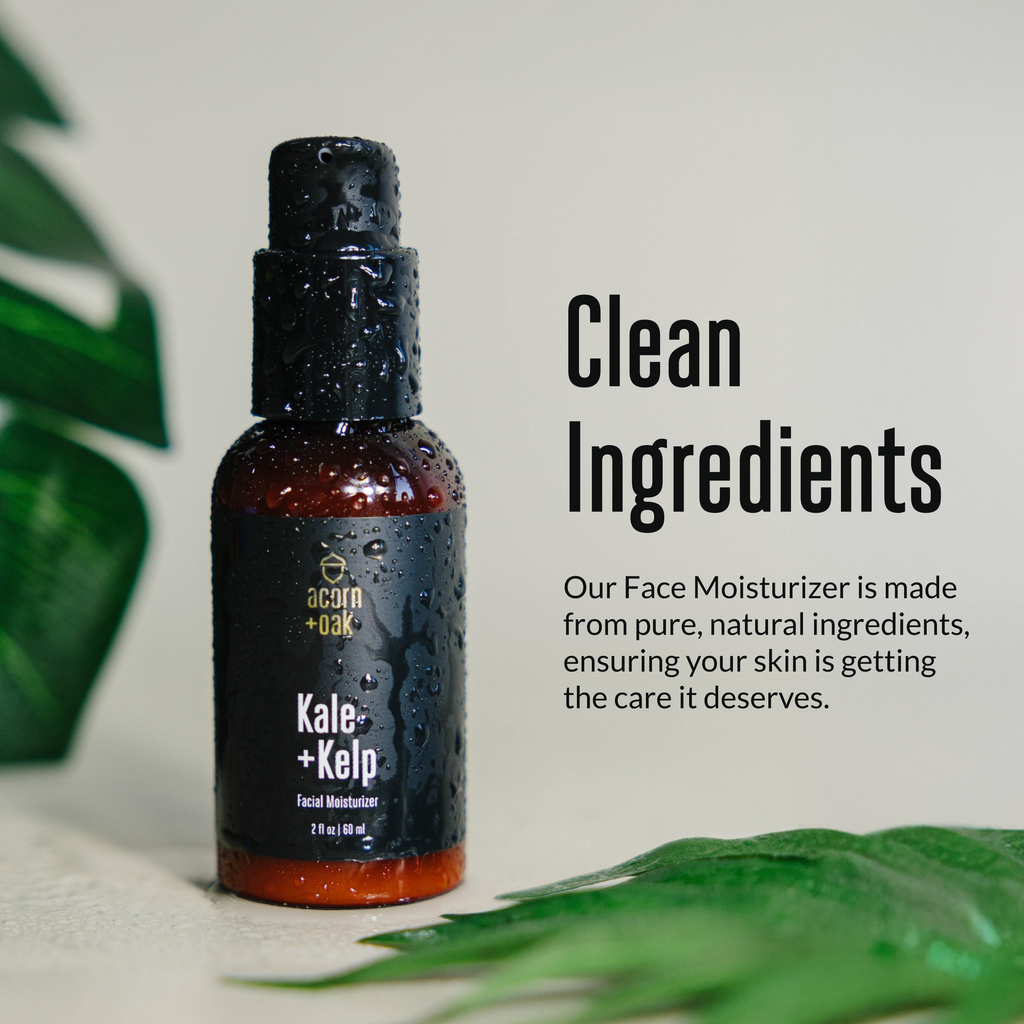acorn+oak Facial moisturizer bottle with green leaves in the background, emphasizing natural ingredients.