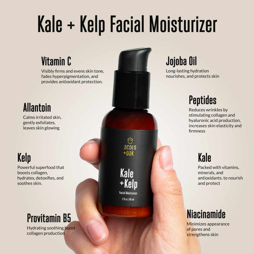 acorn+oak Facial Moisturizer bottle held in a hand with product benefits listed on a beige background