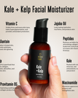 acorn+oak Facial Moisturizer bottle held in a hand with product benefits listed on a beige background