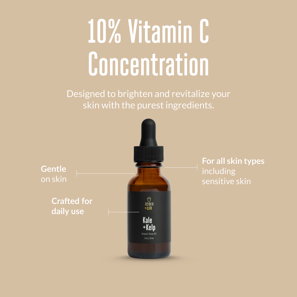 acorn+oak vitamin c serum on a beige background with text about vitamin C concentration and how gentle it is on the skin