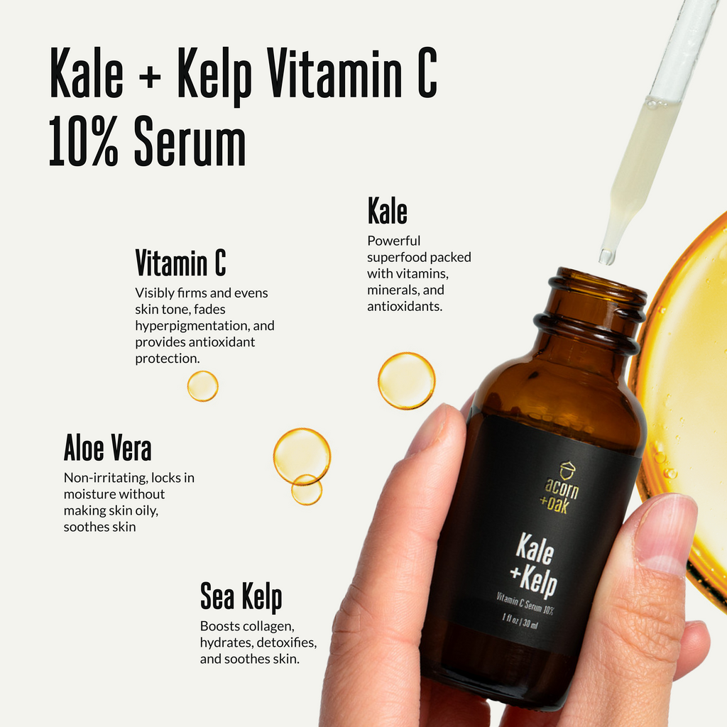acorn+oak Vitamin C 10% Serum bottle held in hand with dropper, text highlighting benefits on a white background.