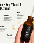 acorn+oak Vitamin C 10% Serum bottle held in hand with dropper, text highlighting benefits on a white background.