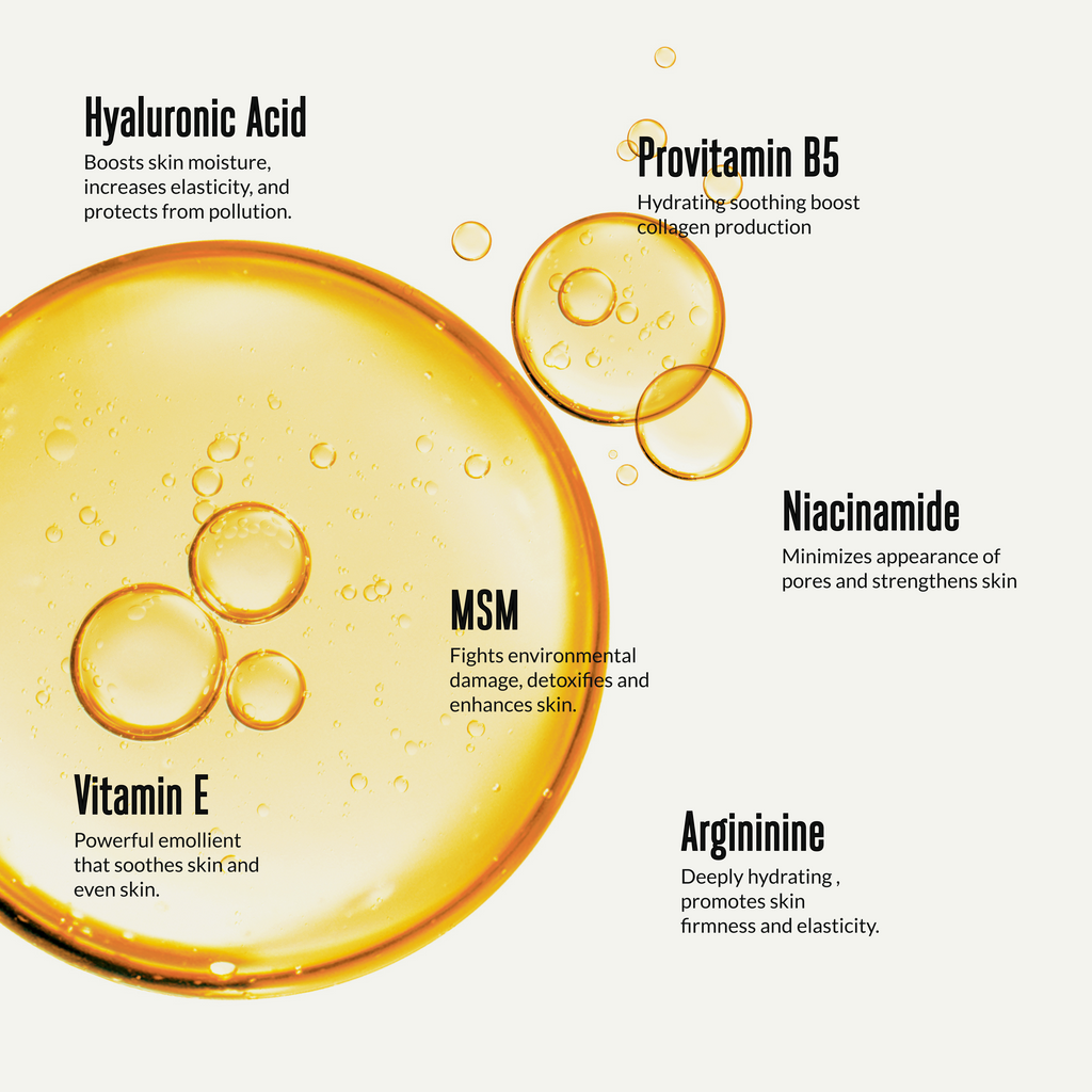 acorn+oak skincare ingredients with droplets on a white background