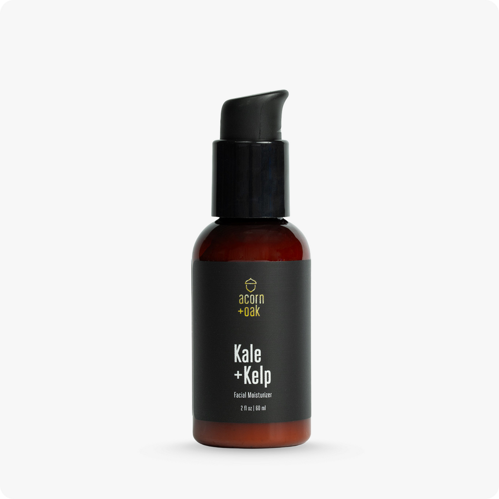 Facial moisturizer bottle labeled 'Kale + Kelp' by 'acorn + oak' on a white background