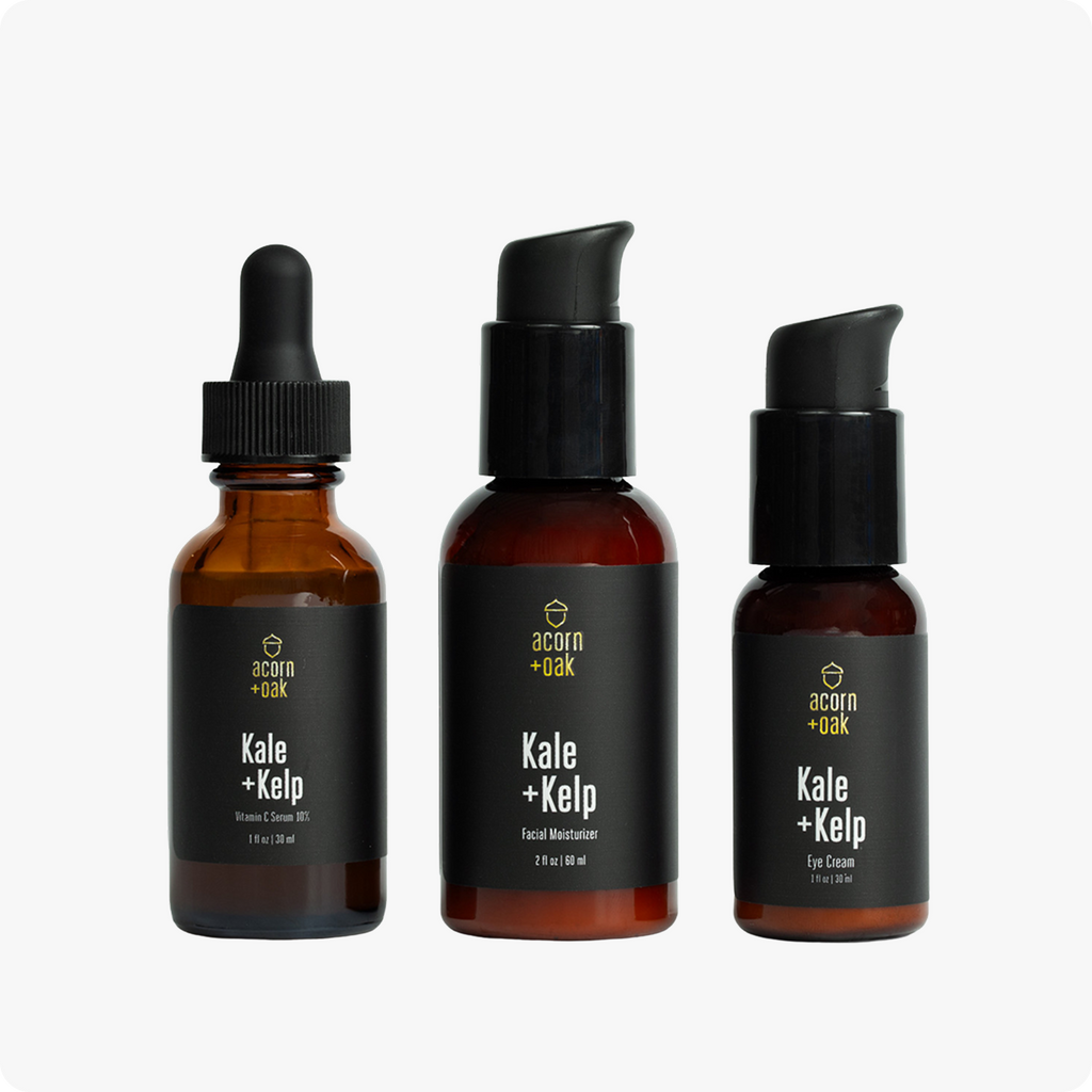 Three acorn+oak skincare products on a white background.