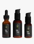 Three acorn+oak skincare products on a white background.