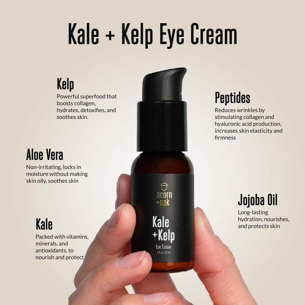 acorn+oak eye cream bottle held in hand with product details on a beige background