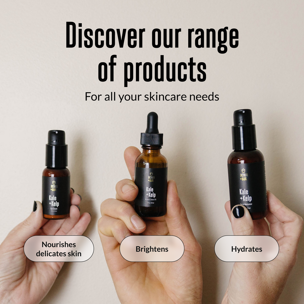 Three acorn+oak skincare product bottles held by hands with text describing their benefits on a neutral background.