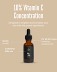acorn+oak vitamin c serum with dropper on a beige background with text about vitamin C concentration.