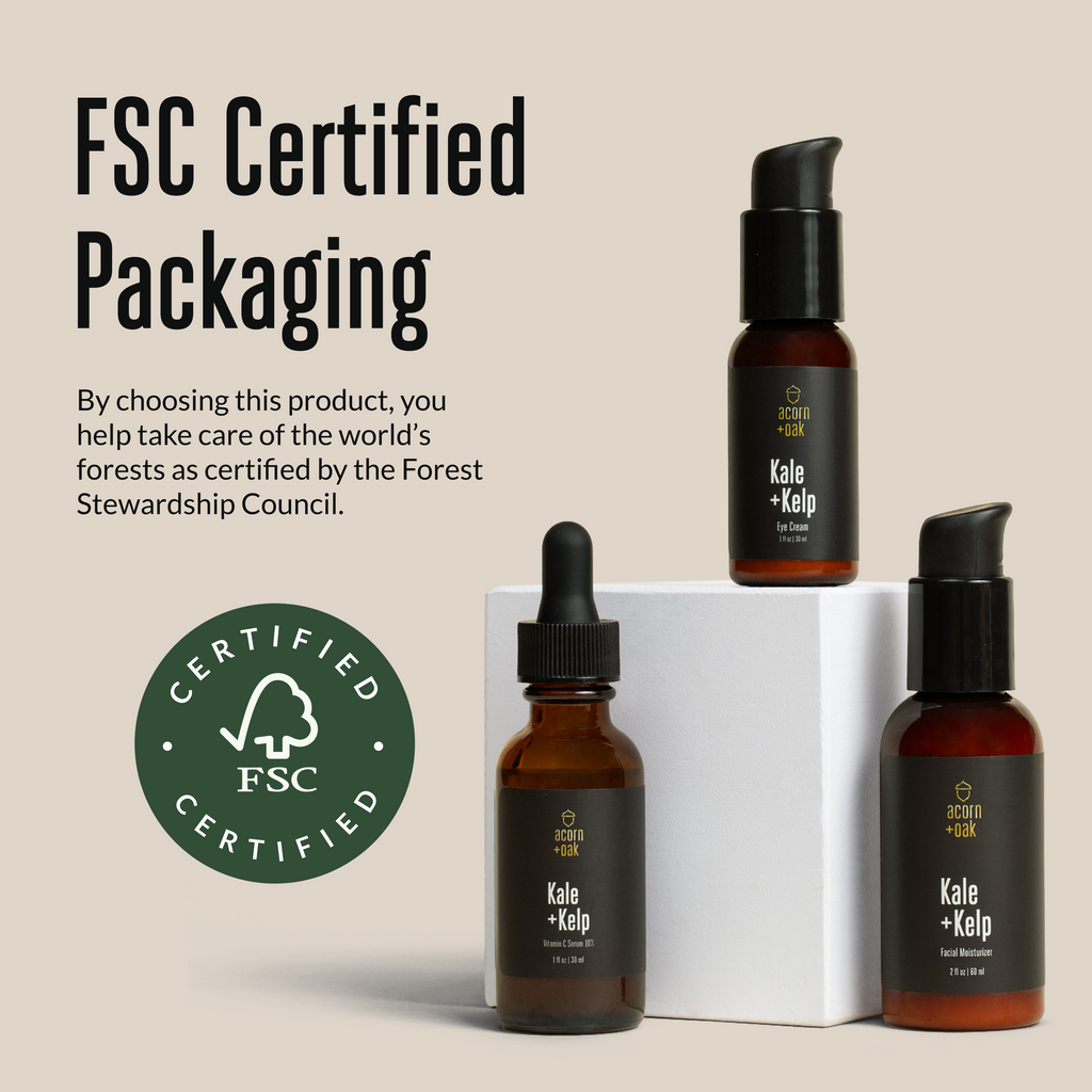 three acorn+oak skincare bottles with FSC Certified packaging on a beige background