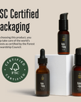 three acorn+oak skincare bottles with FSC Certified packaging on a beige background